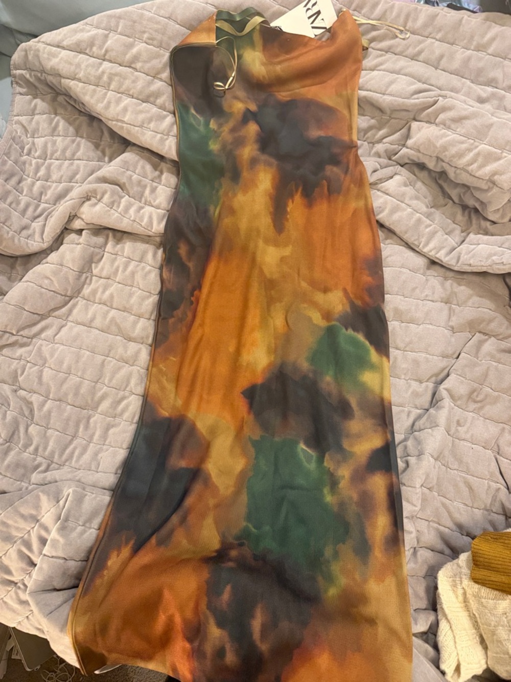 Zara Multicolor Tie-Dye Midi Dress — Green, Brown & Orange